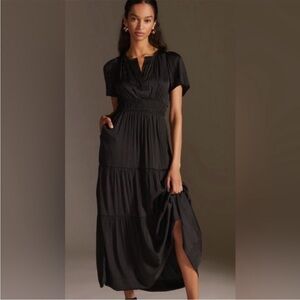 Anthropologie Somerset Black Satin Short Sleeve Maxi Dress M